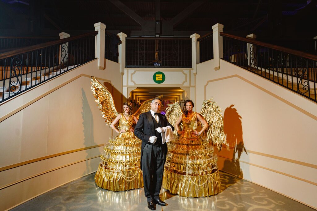 Gold event characters at corporate gala