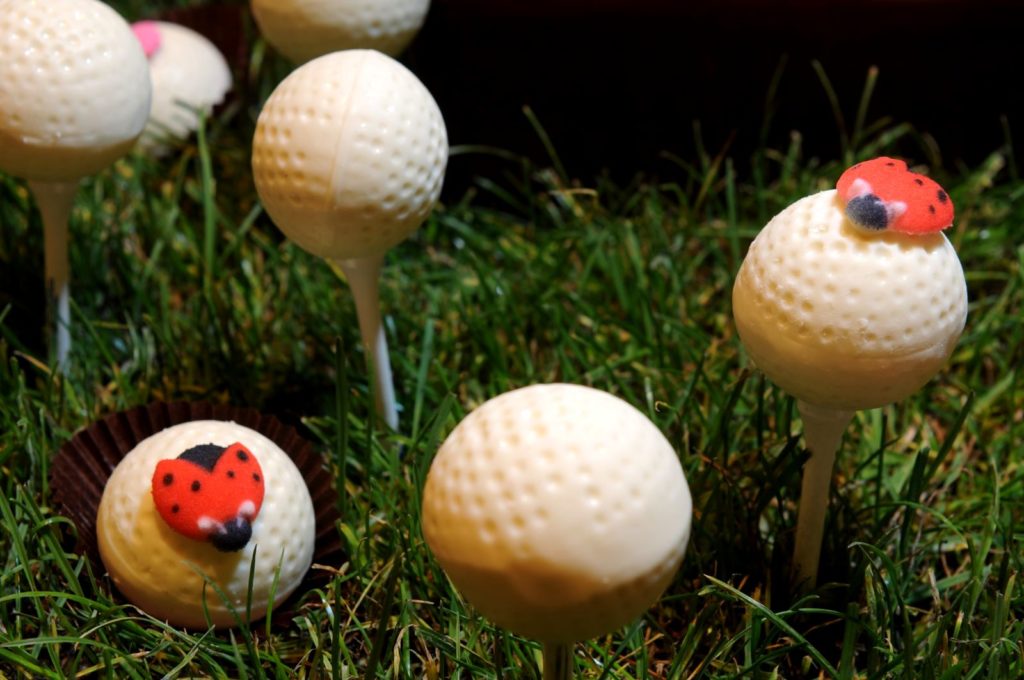 White chocolate golf balls with edible ladybugs...YUM!
